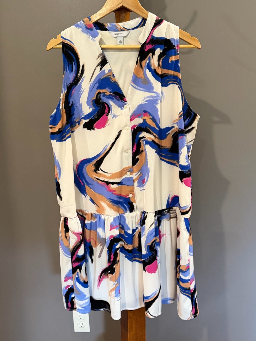 Nine West White Abstract Swirl Sleeveless Dress with Blue and Pink Accents